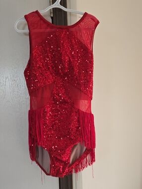 Red Sequin Fringe Girls' One-Piece Dance Costume